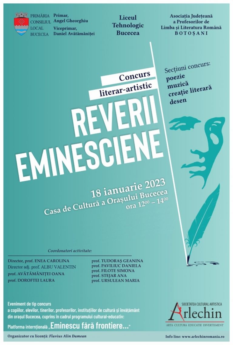 Reverii eminesciene, concurs literar artistic! Vino și participă alături de cei care îndrăgesc opera eminesciană!