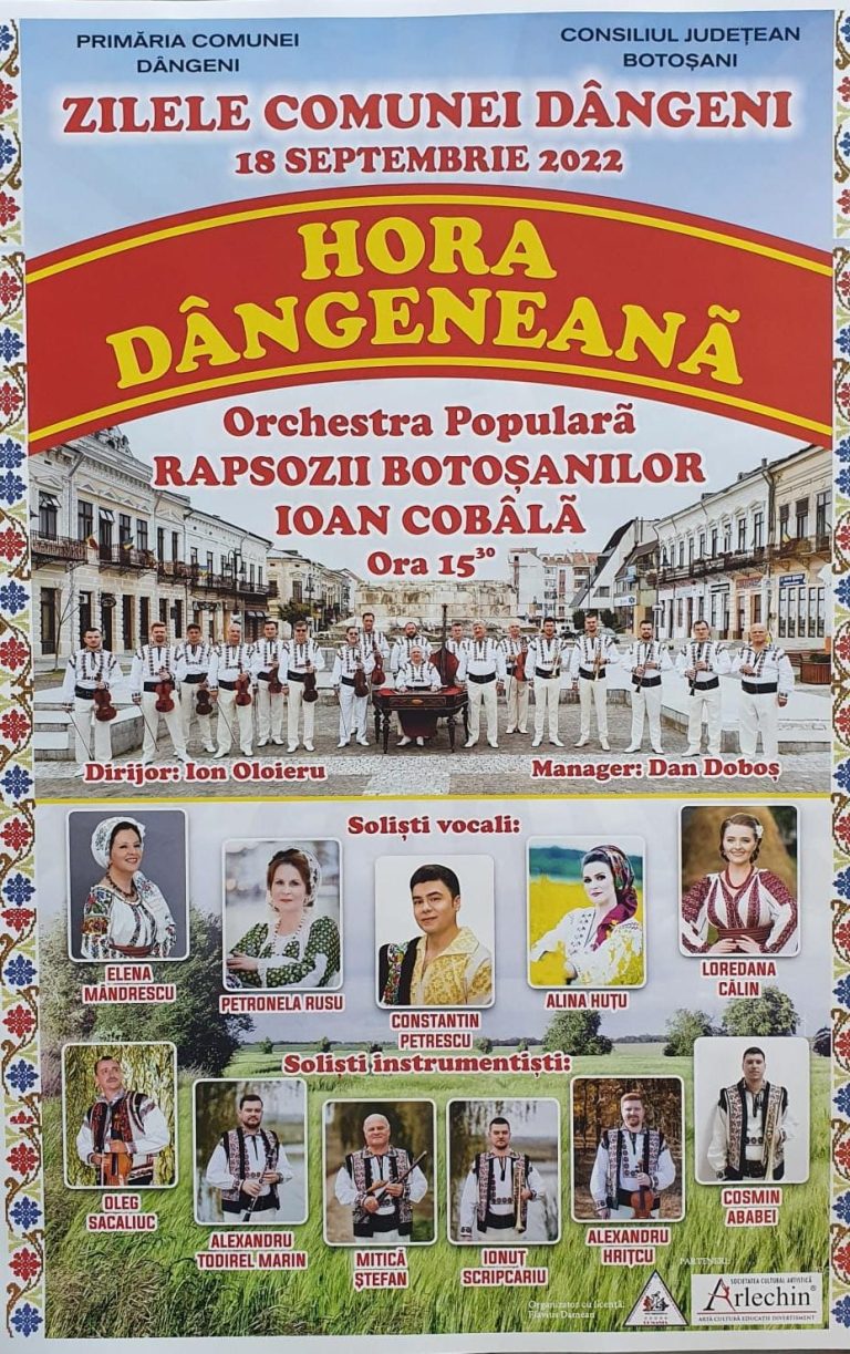 Zilele Comunei Dângeni vor fi sărbătorite prin organizarea Festivalului de muzică și dansuri populare ,,Hora Dângeneană” în zilele de 17-18 septembrie 2022 în incinta stadionului Iacobeni! vezi ce artiști vor fi prezenți la eveniment!