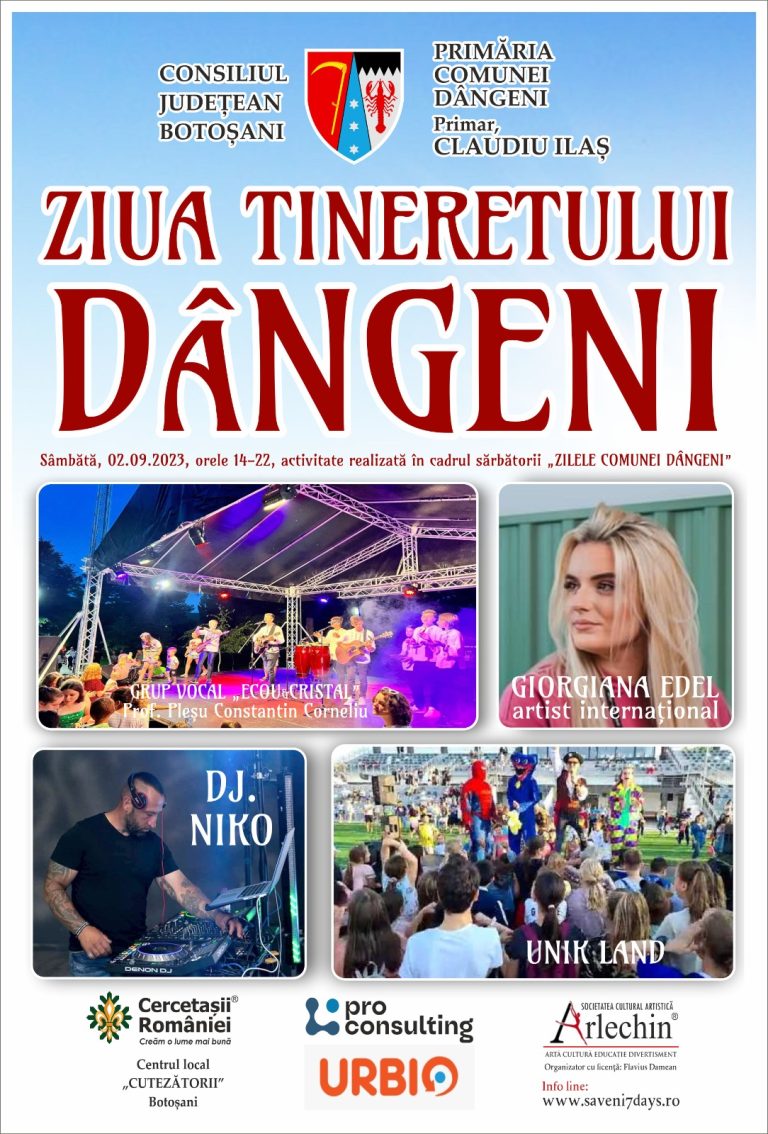 Zilele Comunei Dângeni vor fi sărbătorite prin organizarea celei de a doua ediții a Festivalului de muzică și dansuri populare ,,Hora Dângeneană” în zilele de 02-03 septembrie 2023!