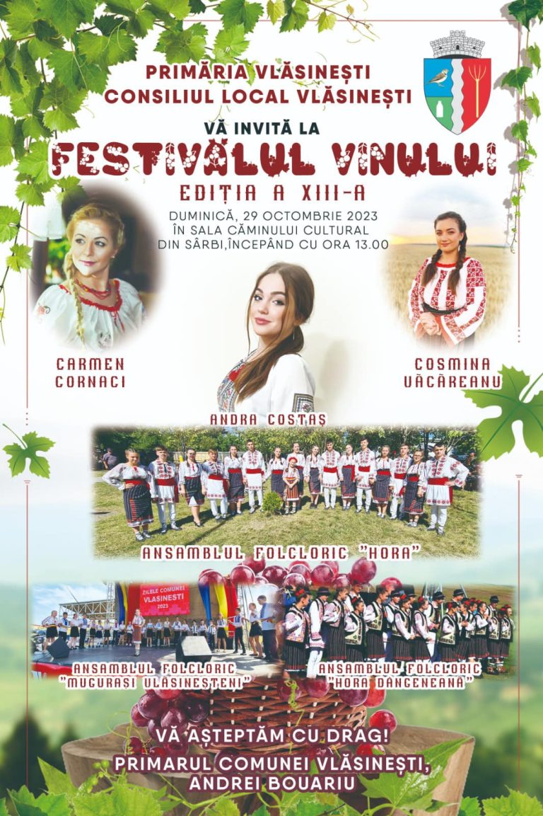 Vezi unde și când are loc a XIII-a ediție a Festivalului Vinului și concursul de degustare a celor mai bune vinuri din comuna Vlăsinești!