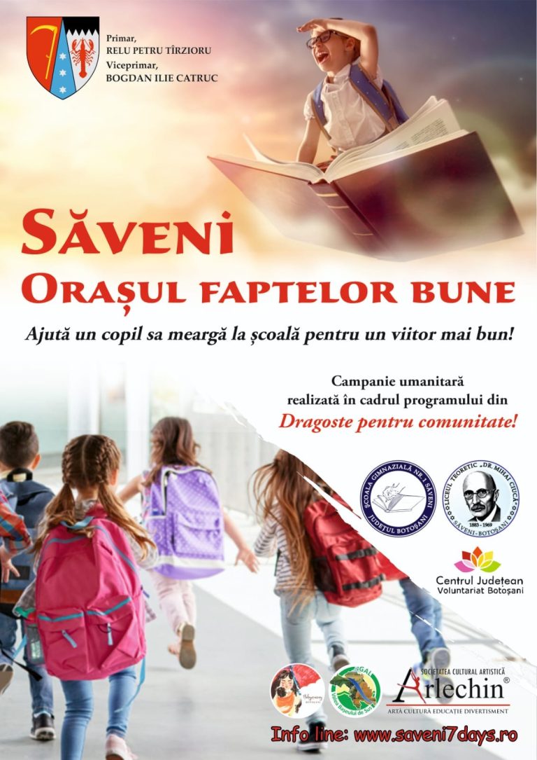 Ajută un copil să meargă la școală pentru un viitor mai bun! Vezi unde are loc campania umanitară ,,Din dragoste pentru comunitate” a Centrului Județean de Voluntariat – filiala orașului Săveni!