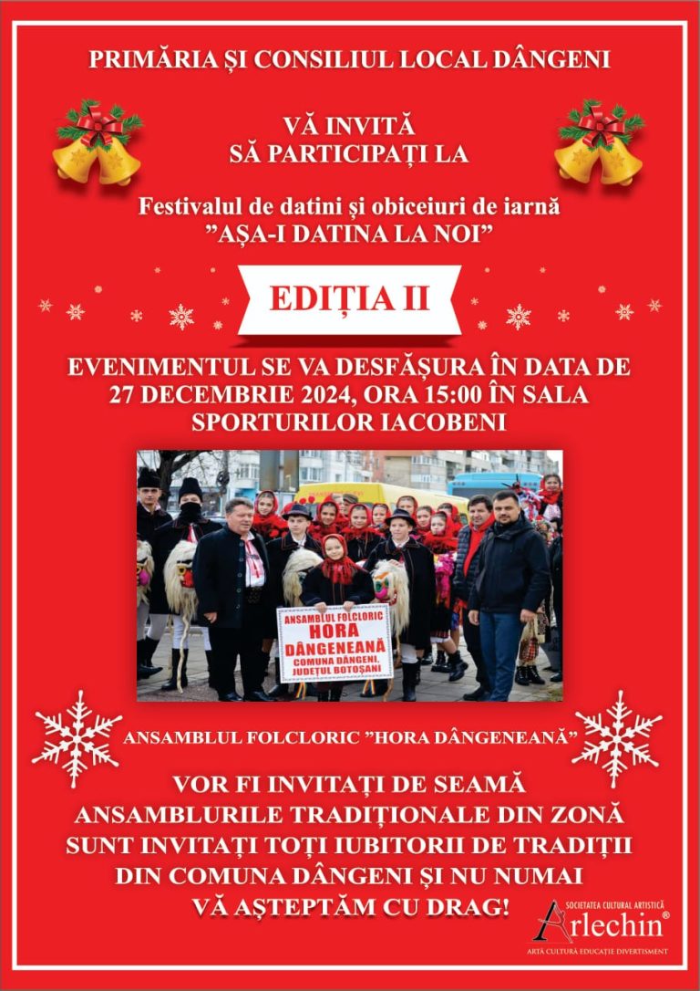 Comuna Dângeni este gazda Festivalului de datini și obiceiuri de iarnă „Așa-i datina la noi”! Vezi când are loc ediția a doua și ce ansaambluri participă în festival!
