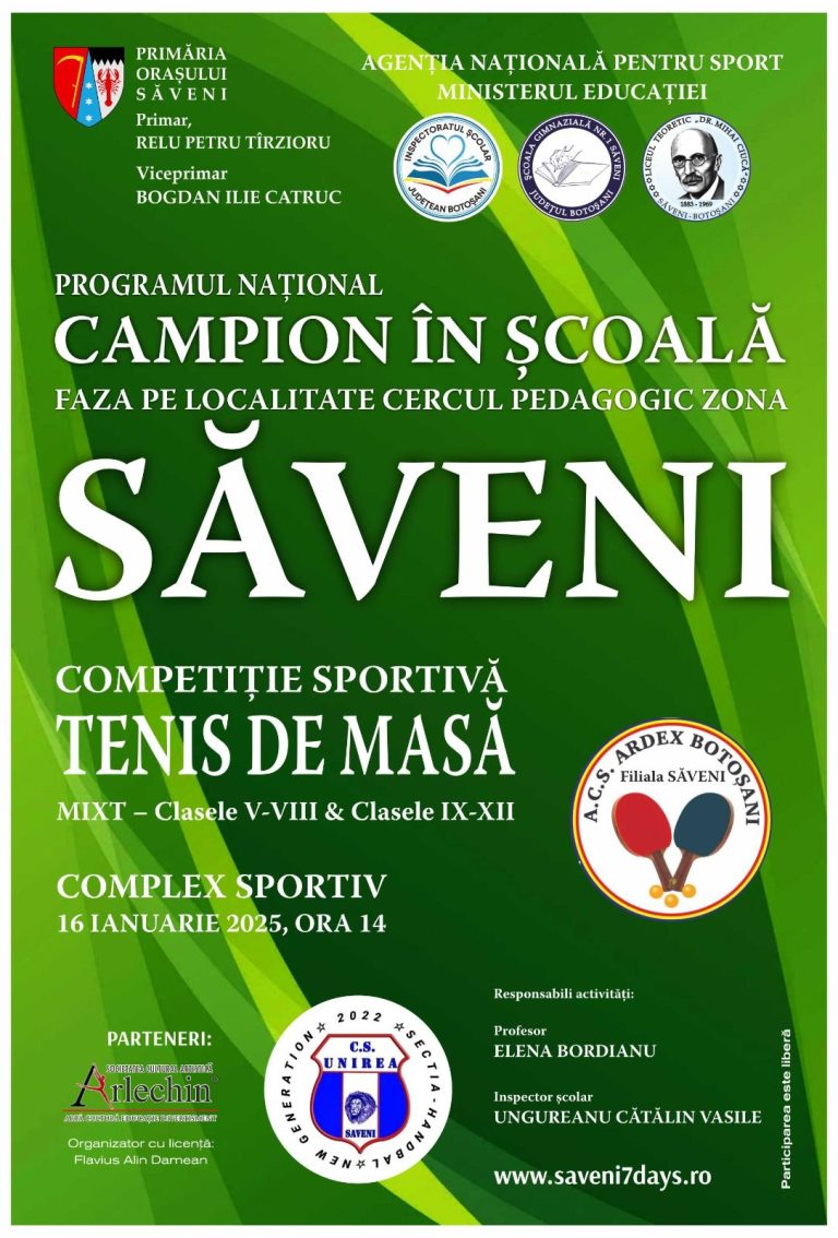 Campion în școală la Săveni! Vezi când se desfășoară la Sala Sporturilor programul organizat de Agenția Națională pentru Sport și Ministerul Educației!