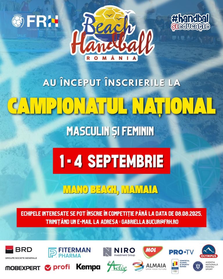 Federația Română de Handbal anunță organizarea Campionatului Național de Beach Handball, în perioada 1–4 septembrie 2025, în stațiunea Mamaia, pe plaja Mano Beach!