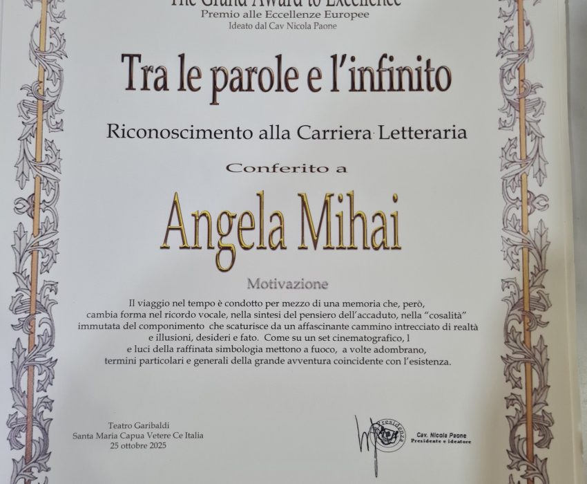 Trofeu – Angela Mihai – Cenaclul literar POESIS Săveni – Concurs internațional – Tra le parole e l infinito – italia