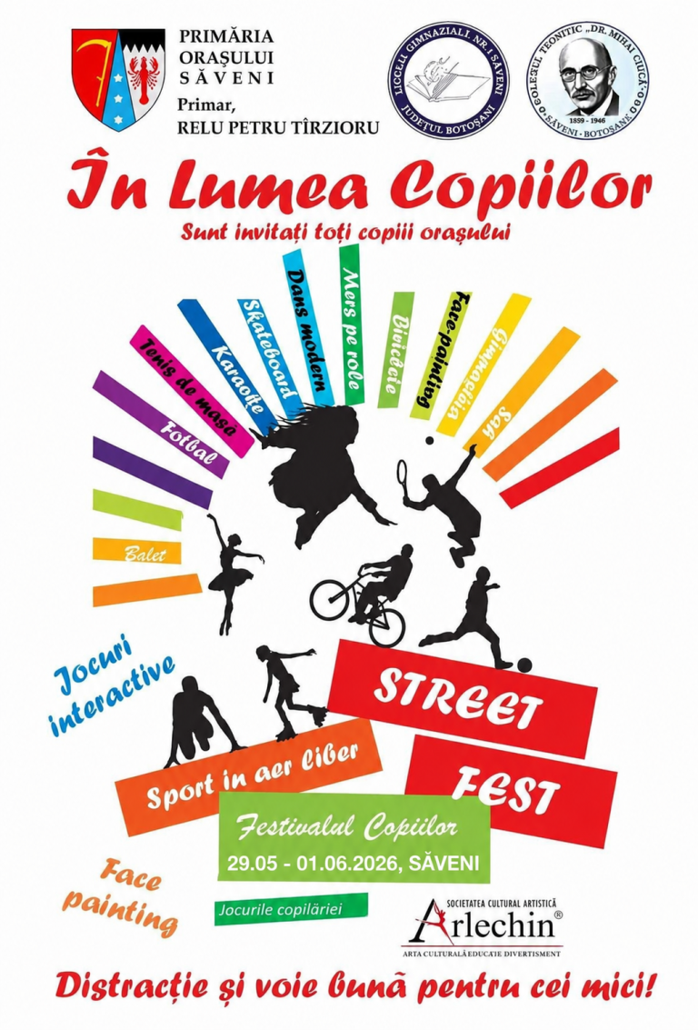Orașul Săveni sărbătorește copilăria! Festivalul Copiilor aduce patru zile de joc, sport și bucurie în perioada 29 mai – 1 iunie 2026!